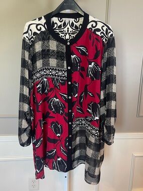 John Mark 3X Tunic Long Button Down Semi Sheer Blouse Top Shirt Mixed Print
